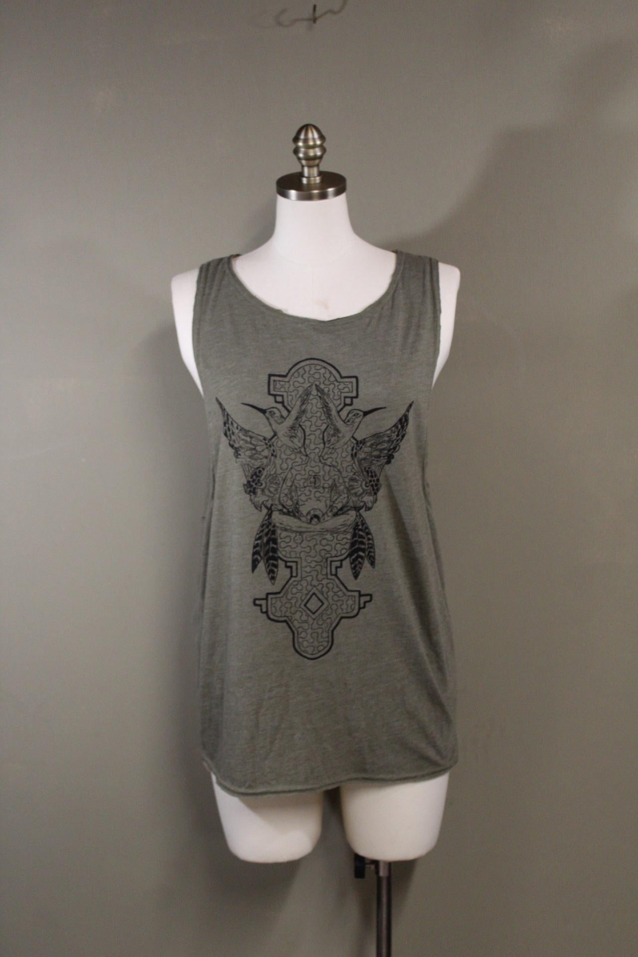 Mens Tank Top in Green with Hummingbird Sacred Geometry Design Green 100% Cotton
