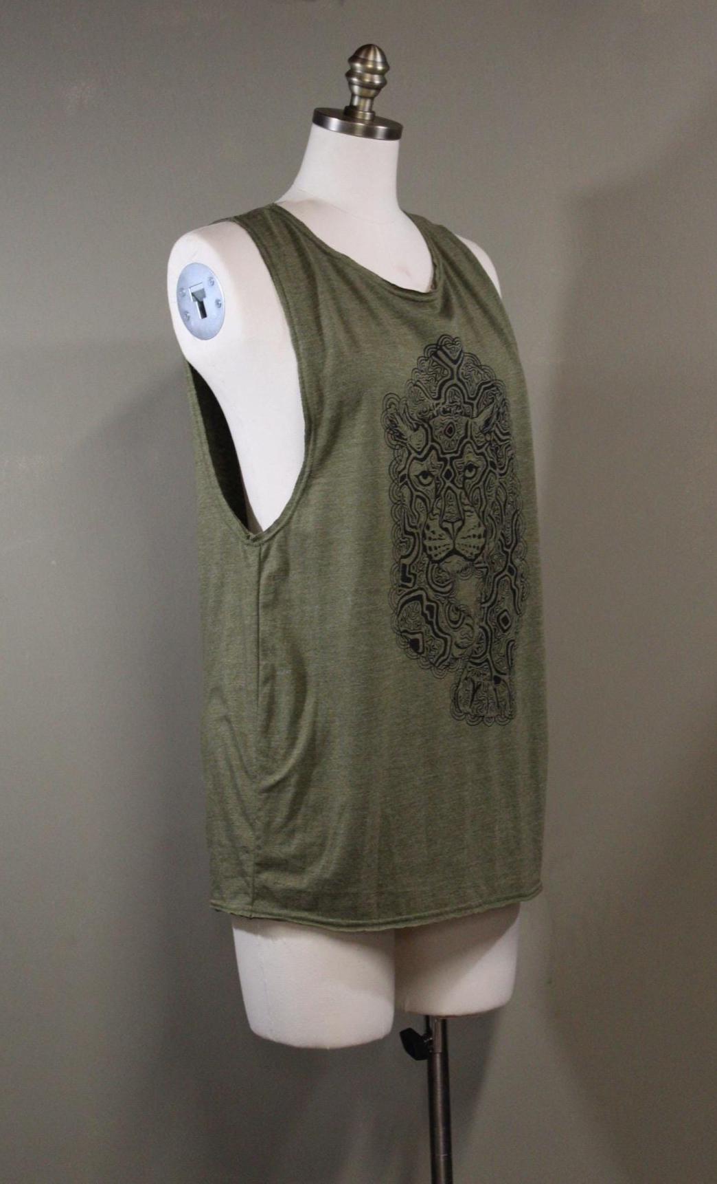 Mens Tank Top in Green with Psychedelic Jaguar Screenprint 100% Cotton Sustainable