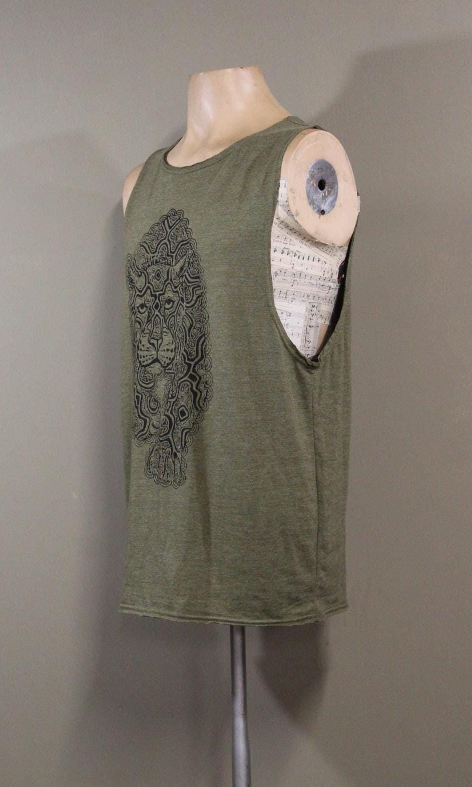 Mens Tank Top in Green with Psychedelic Jaguar Screenprint 100% Cotton Sustainable