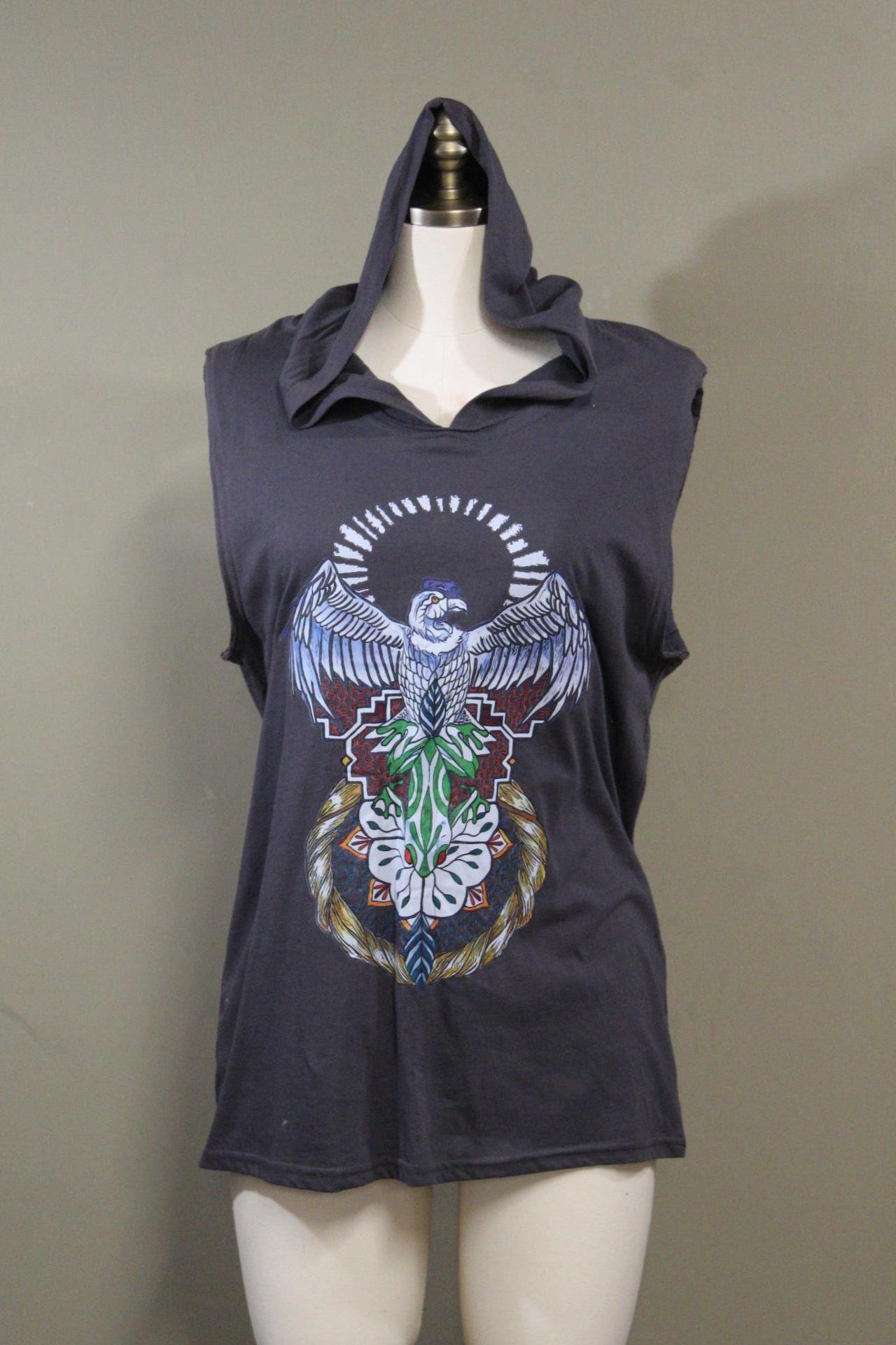 Mens Hooded Tank Top in Light Charcoal Blue with Harpy Eagle DTF printed | 100% Cotton Upcycled Sustainable