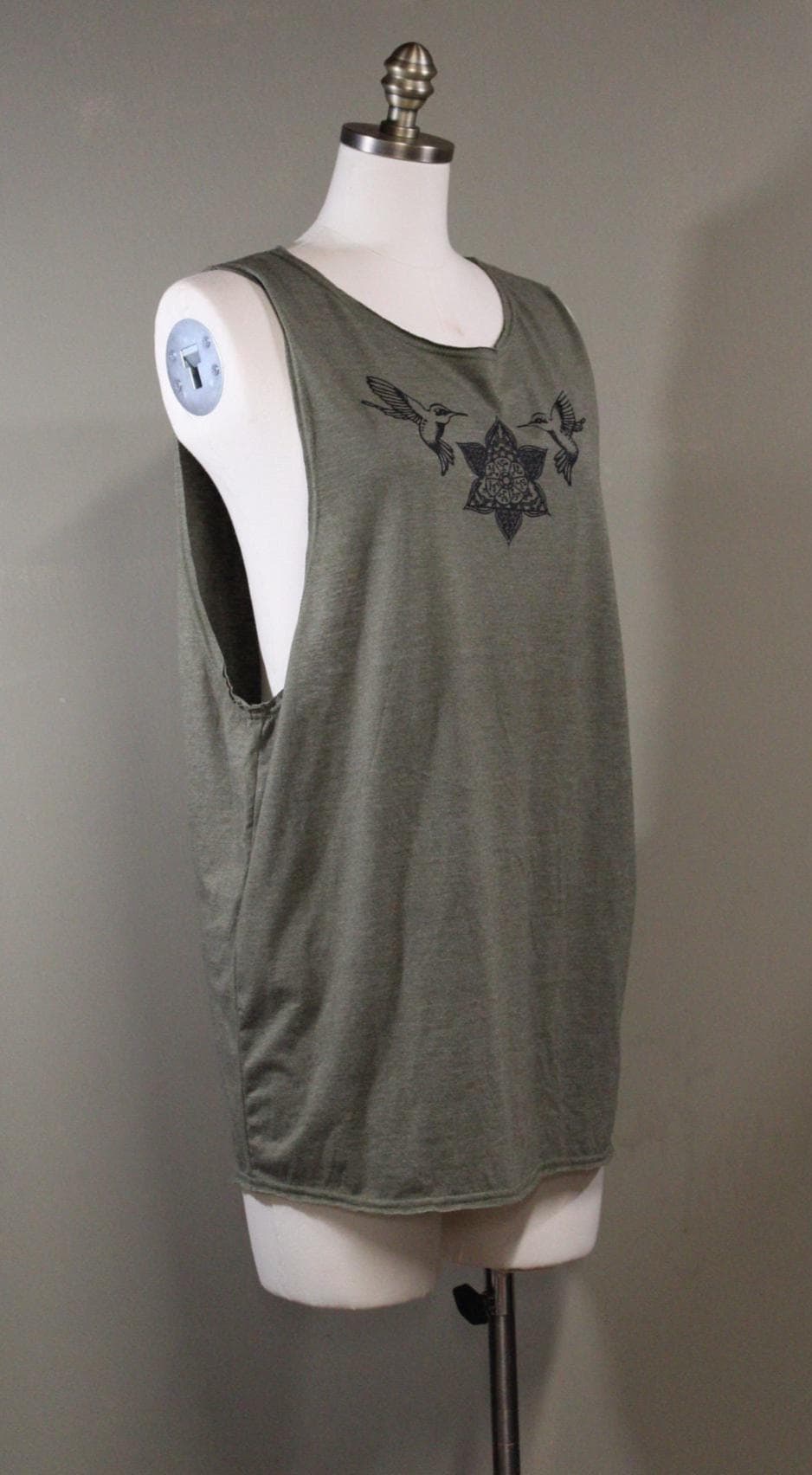 Mens Tank Top in Green with Screenprinted Hummingbird Mandala 100% Cotton Upcycled Fabric