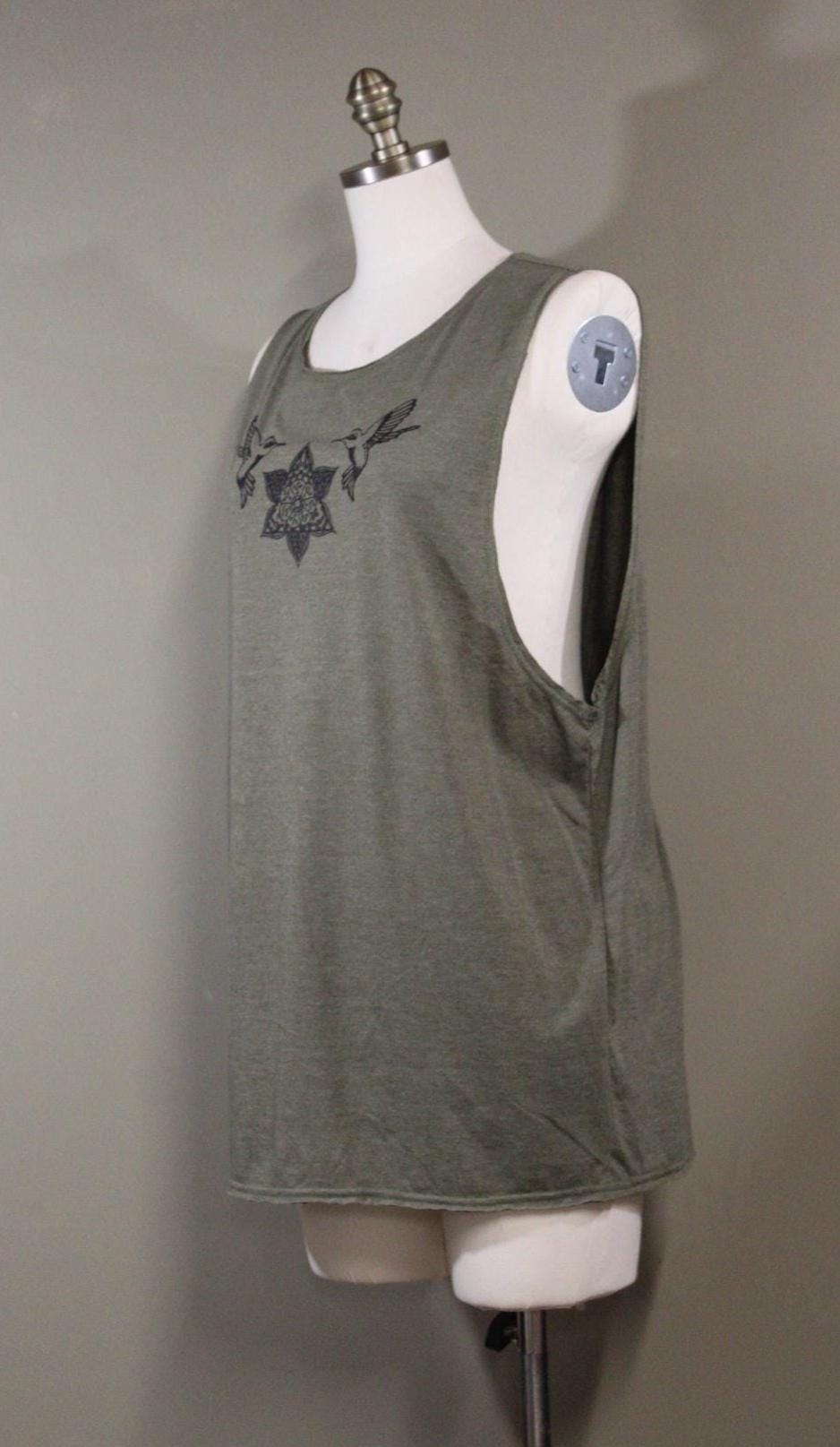 Mens Tank Top in Green with Screenprinted Hummingbird Mandala 100% Cotton Upcycled Fabric