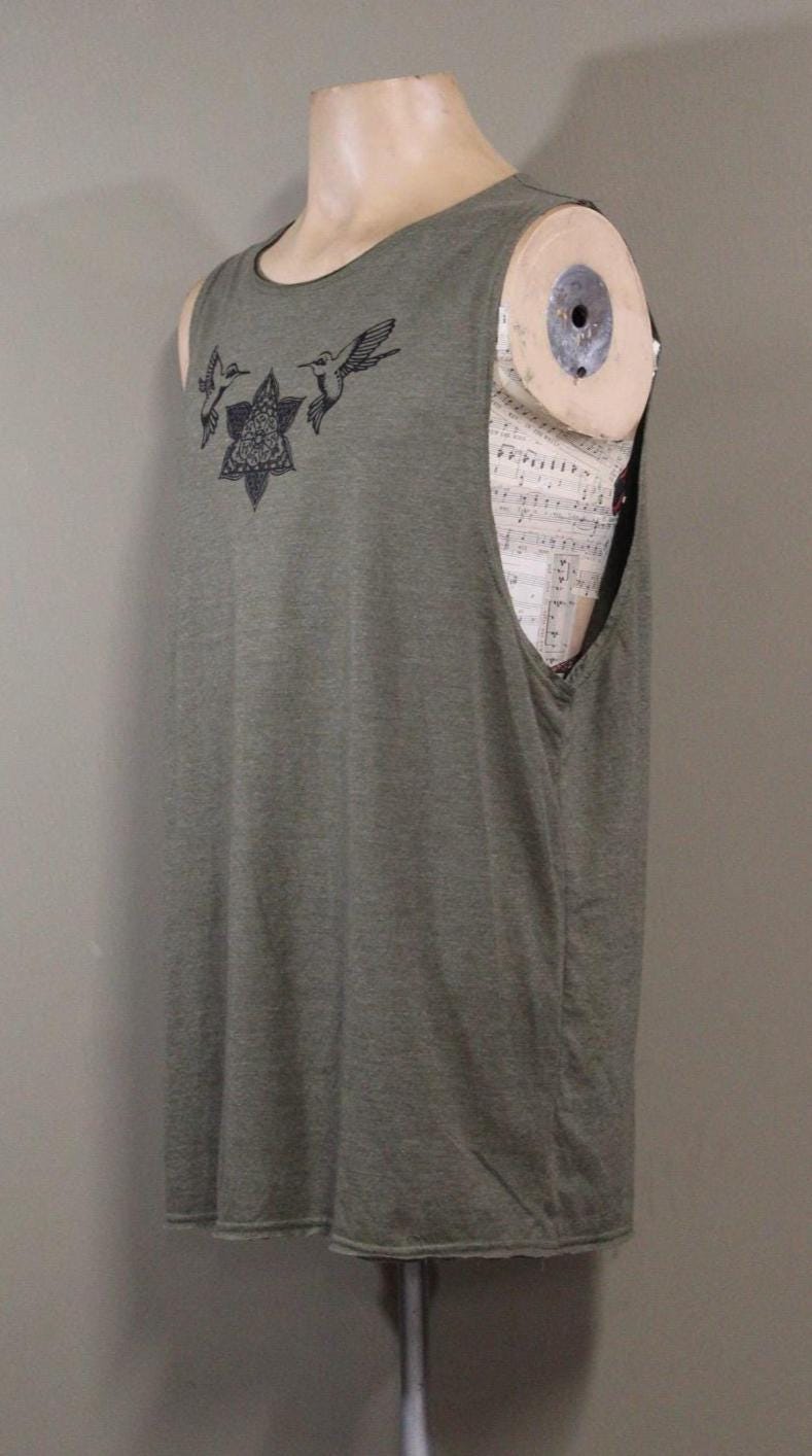 Mens Tank Top in Green with Screenprinted Hummingbird Mandala 100% Cotton Upcycled Fabric