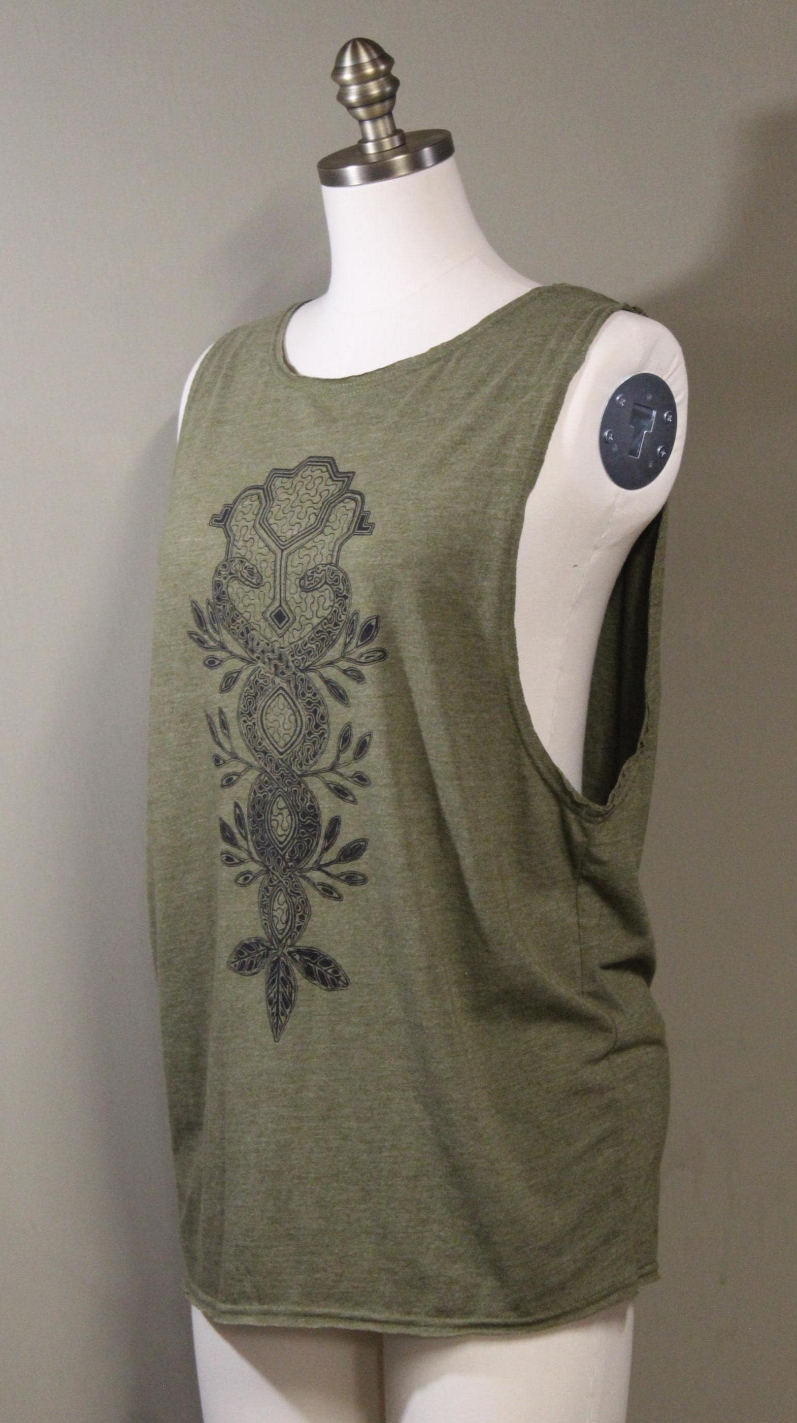 Mens Tank Top in Green with Screenprinted Sacred Geometry Snake 100% Cotton Upcycled