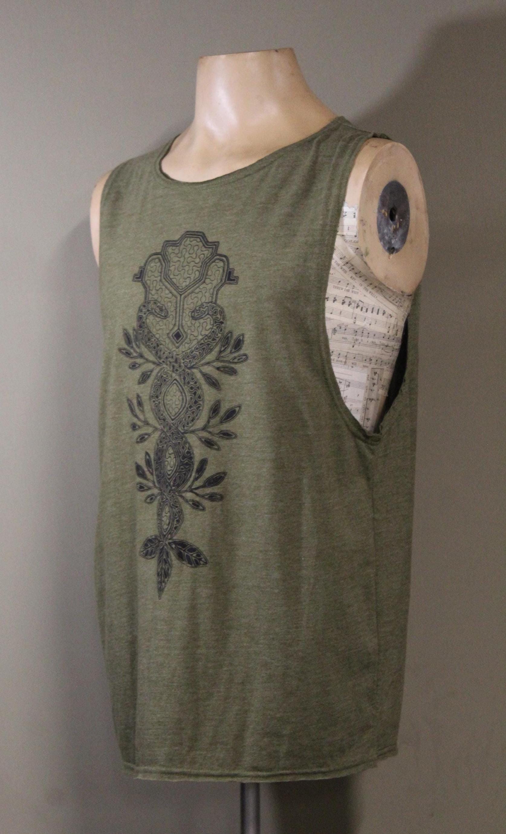 Mens Tank Top in Green with Screenprinted Sacred Geometry Snake 100% Cotton Upcycled