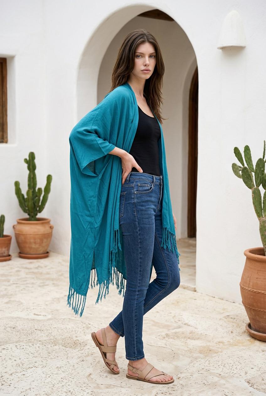 100% Cotton Kimono Wrap in Turquoise with Stag Screenprint | Sustainable