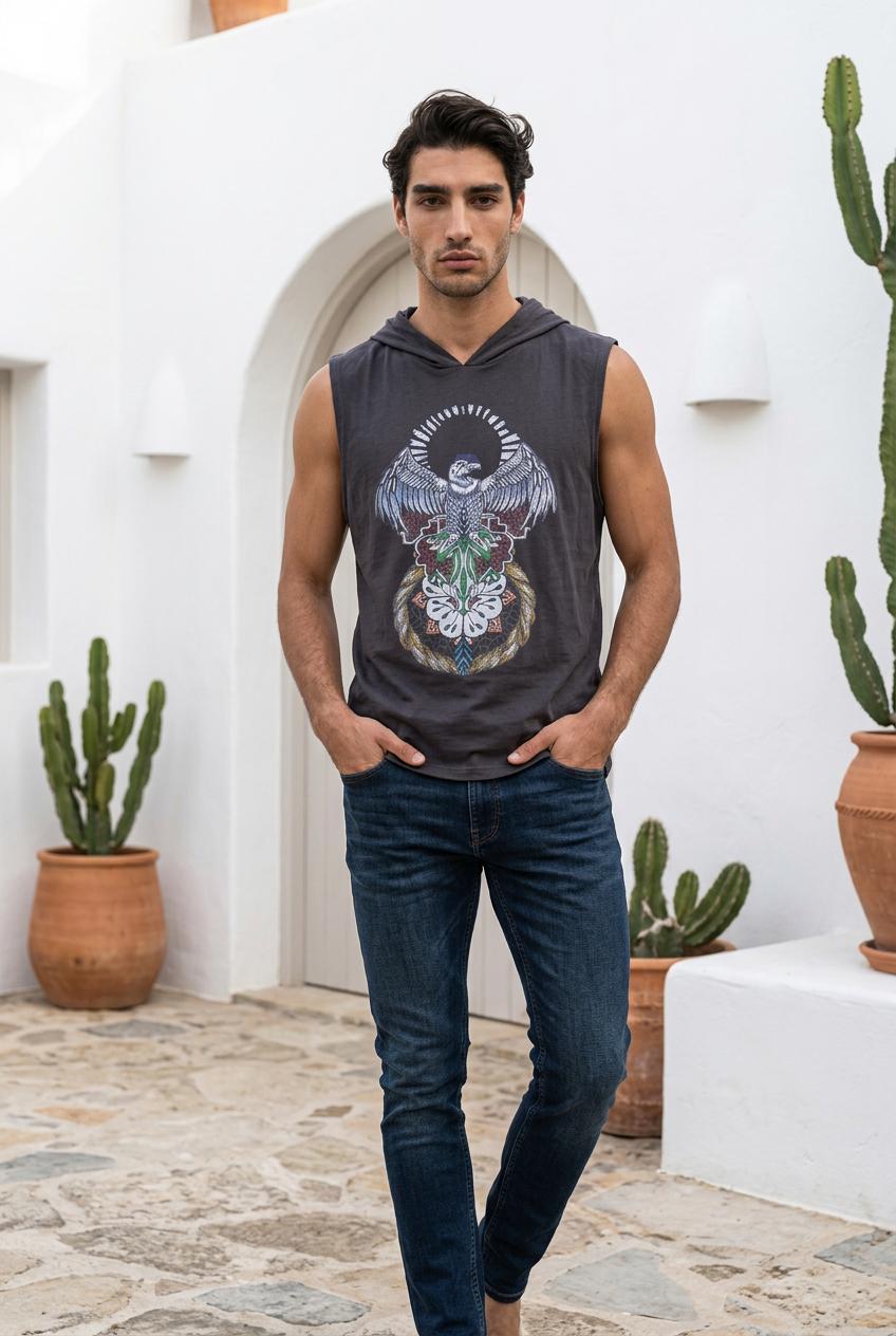 Mens Hooded Tank Top in Light Charcoal Blue with Harpy Eagle DTF printed | 100% Cotton Upcycled Sustainable