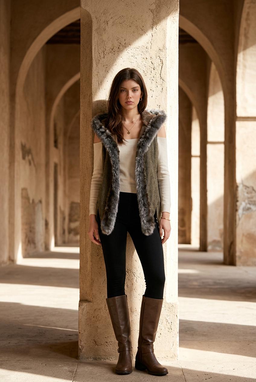 Grey Tweed Hooded Cape Vest with Faux Fur Trim, Handmade Hooded Vest, Boho Layering Piece, Threads of Creation Capsule