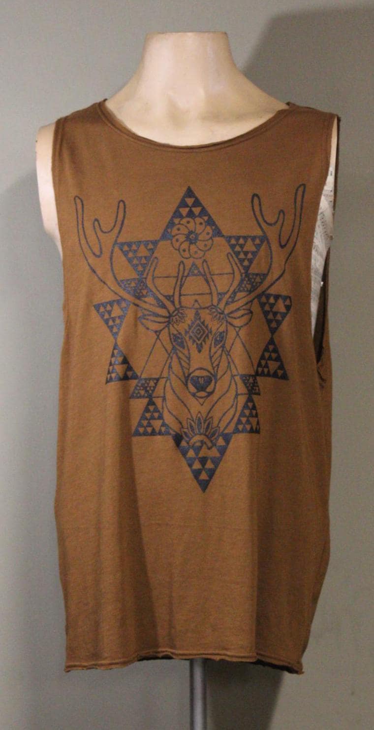 Mens Tank Top in Copper with Screenprinted Geometric Peyote Deer | 100% Cotton Upcycled Sustainable