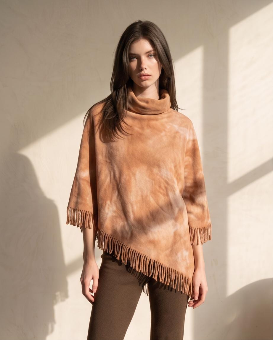 Cozy Hemp Fleece Poncho with Fringe in Terracotta - Asymmetrical Design, Naturally Dyed