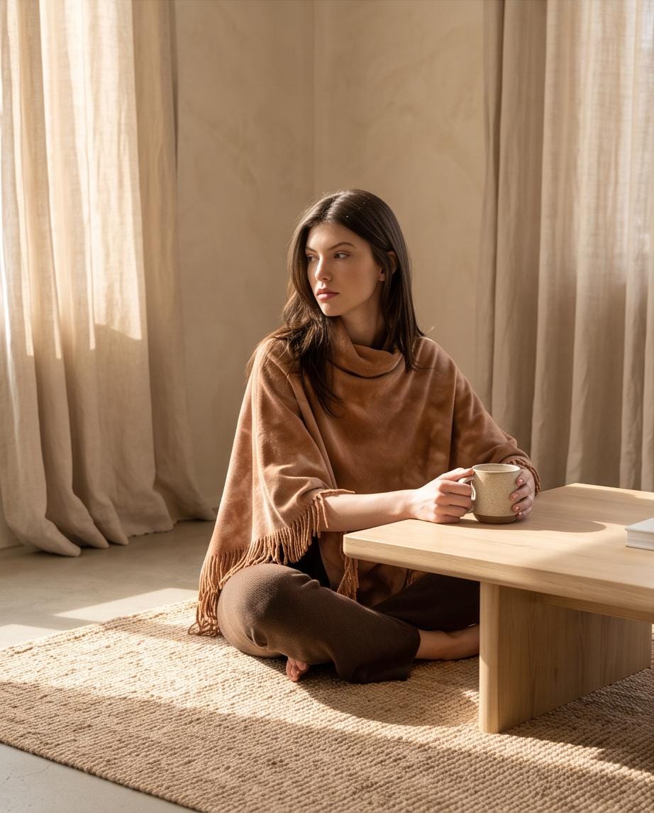 Cozy Hemp Fleece Poncho with Fringe in Terracotta - Asymmetrical Design, Naturally Dyed