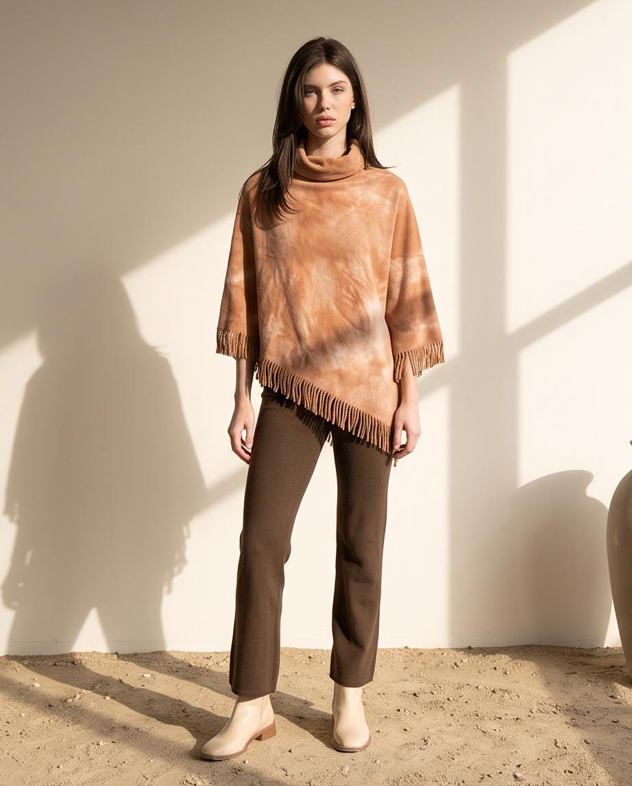 Cozy Hemp Fleece Poncho with Fringe in Terracotta - Asymmetrical Design, Naturally Dyed