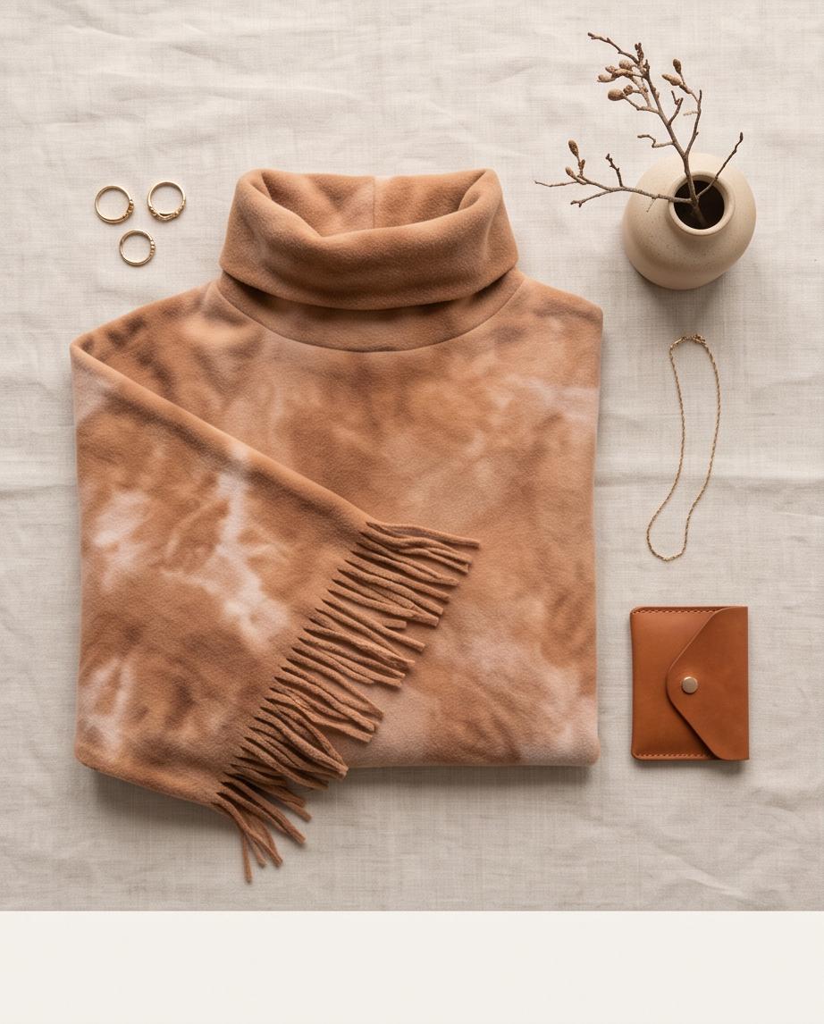 Cozy Hemp Fleece Poncho with Fringe in Terracotta - Asymmetrical Design, Naturally Dyed