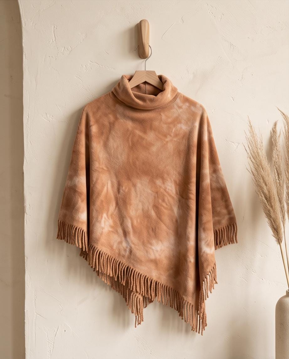 Cozy Hemp Fleece Poncho with Fringe in Terracotta - Asymmetrical Design, Naturally Dyed