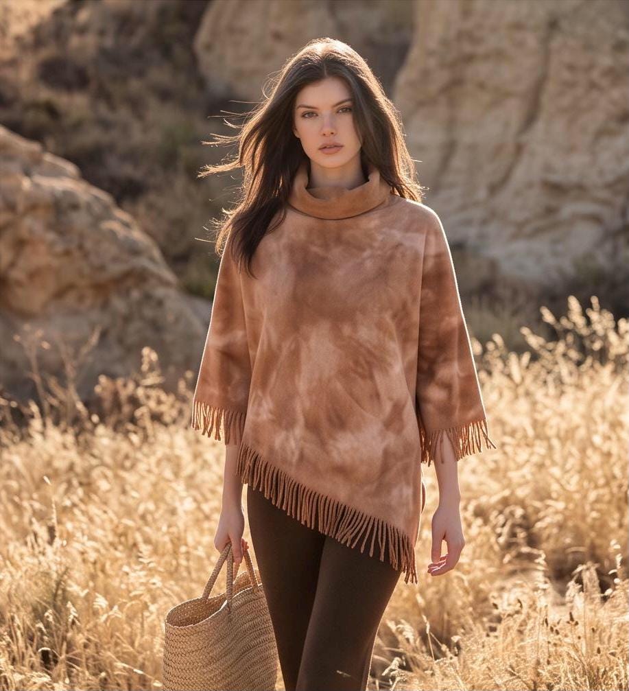 Cozy Hemp Fleece Poncho with Fringe in Terracotta - Asymmetrical Design, Naturally Dyed
