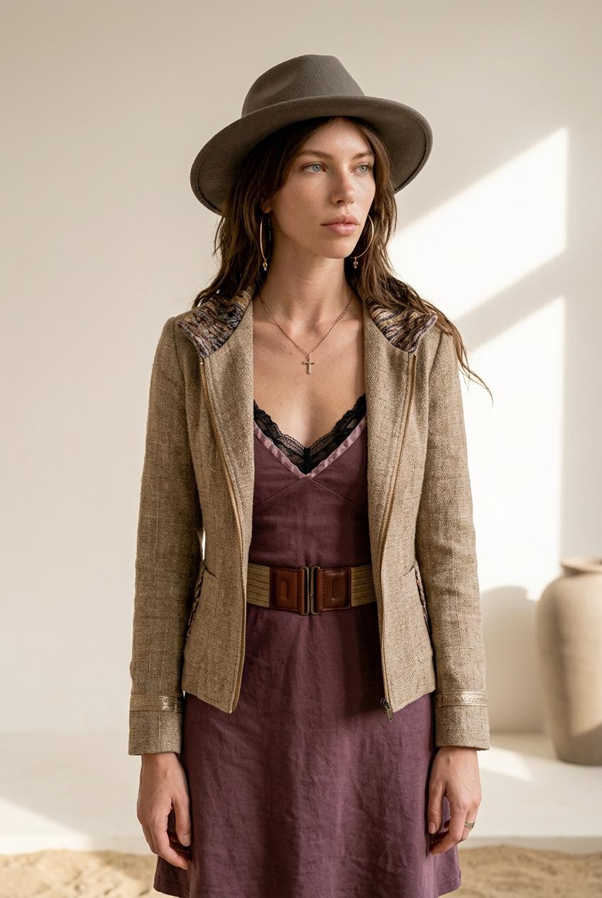 Earth Tone Handmade Biker Style Jacket with Zip Off Hood and Embroidery