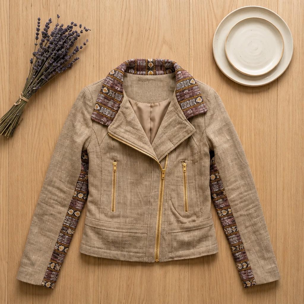 Earth Tone Handmade Biker Style Jacket with Zip Off Hood and Embroidery
