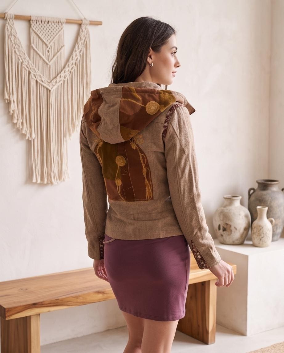 Earth Tone Handmade Biker Style Jacket with Zip Off Hood and Embroidery