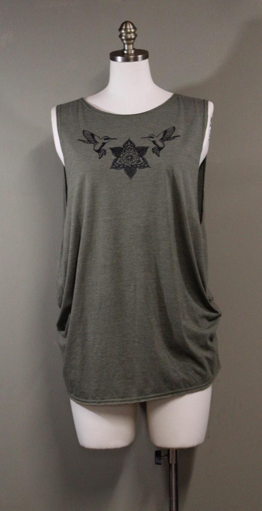 Mens Tank Top in Green with Screenprinted Hummingbird Mandala 100% Cotton Upcycled Fabric