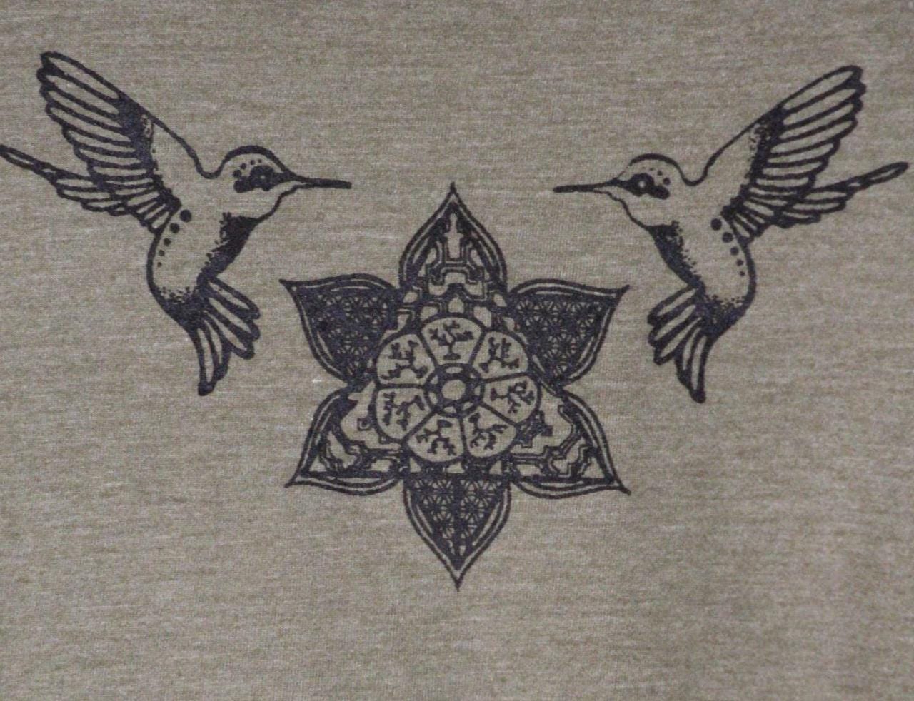 Mens Tank Top in Green with Screenprinted Hummingbird Mandala 100% Cotton Upcycled Fabric