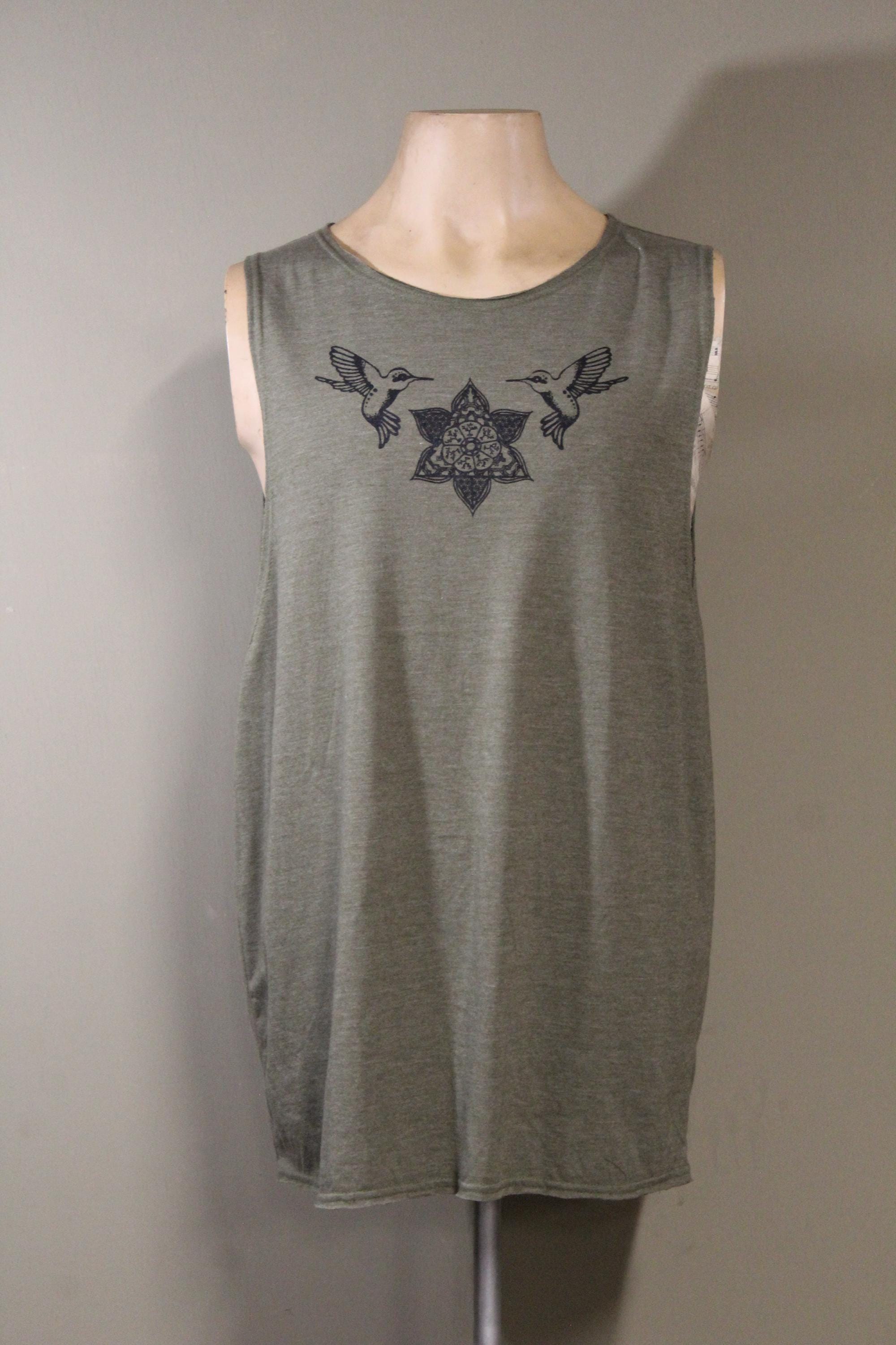 Mens Tank Top in Green with Screenprinted Hummingbird Mandala 100% Cotton Upcycled Fabric