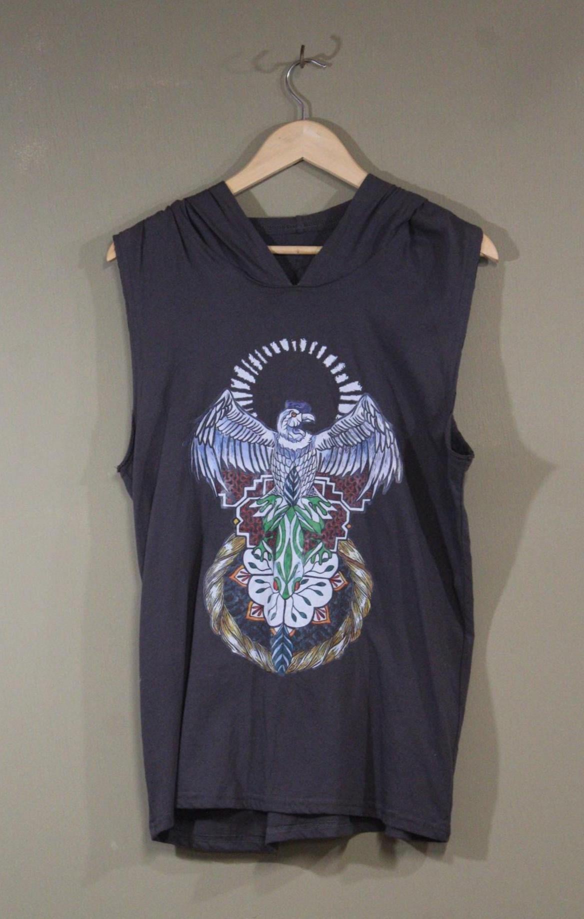 Mens Hooded Tank Top in Light Charcoal Blue with Harpy Eagle DTF printed | 100% Cotton Upcycled Sustainable