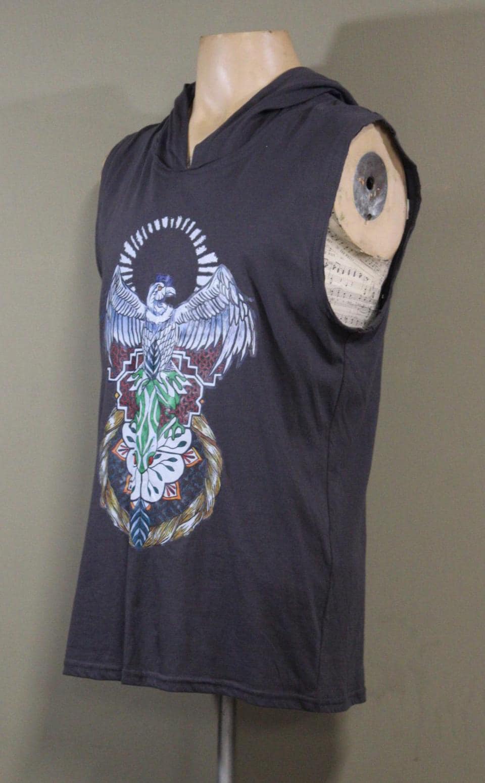 Mens Hooded Tank Top in Light Charcoal Blue with Harpy Eagle DTF printed | 100% Cotton Upcycled Sustainable
