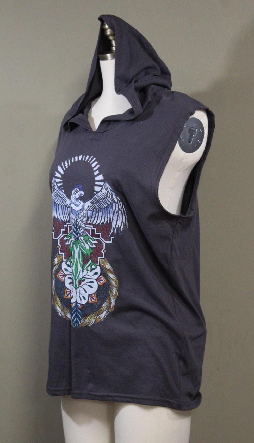 Mens Hooded Tank Top in Light Charcoal Blue with Harpy Eagle DTF printed | 100% Cotton Upcycled Sustainable