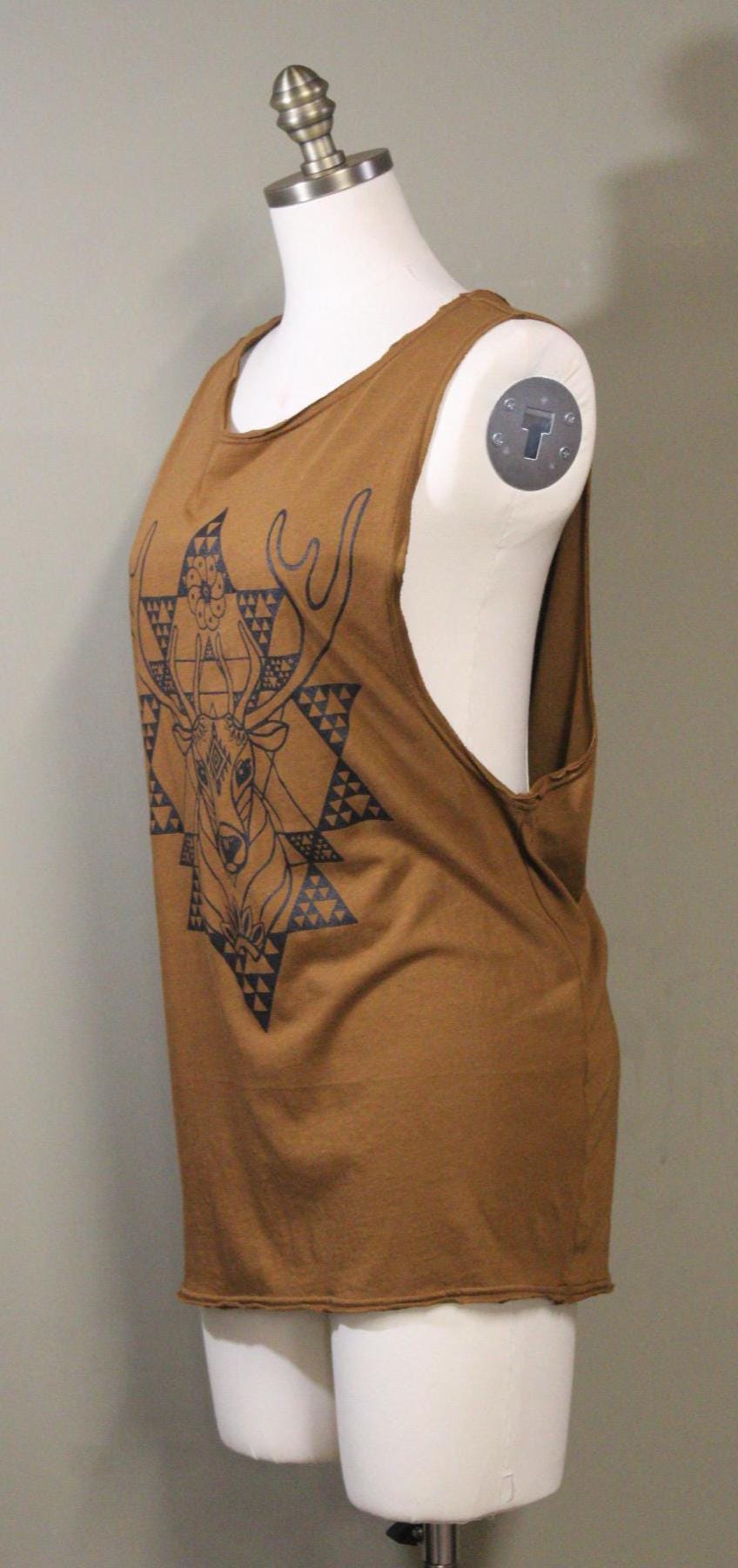 Mens Tank Top in Copper with Screenprinted Geometric Peyote Deer | 100% Cotton Upcycled Sustainable