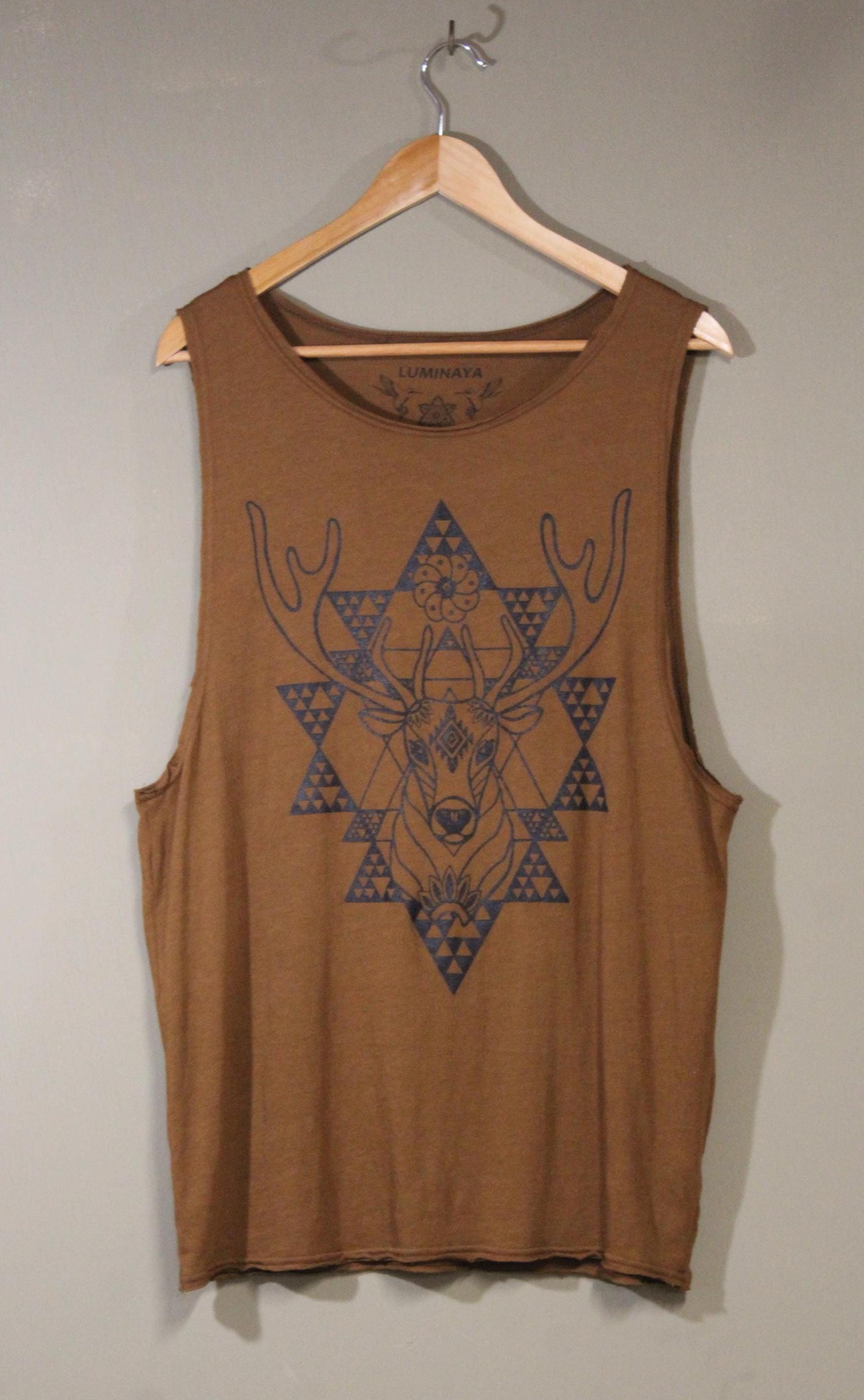 Mens Tank Top in Copper with Screenprinted Geometric Peyote Deer | 100% Cotton Upcycled Sustainable