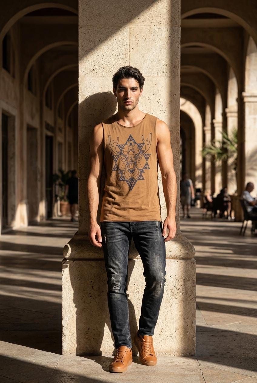 Mens Tank Top in Copper with Screenprinted Geometric Peyote Deer | 100% Cotton Upcycled Sustainable