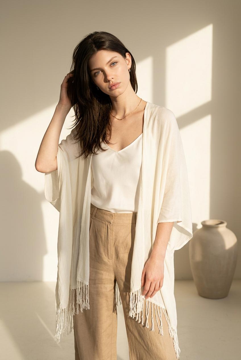 Womens 100% Cotton Kimono in White with screen-printed Honeybee design | sustainbale and handmade