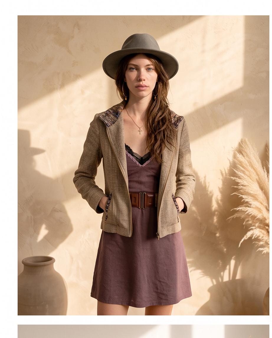 Earth Tone Handmade Biker Style Jacket with Zip Off Hood and Embroidery
