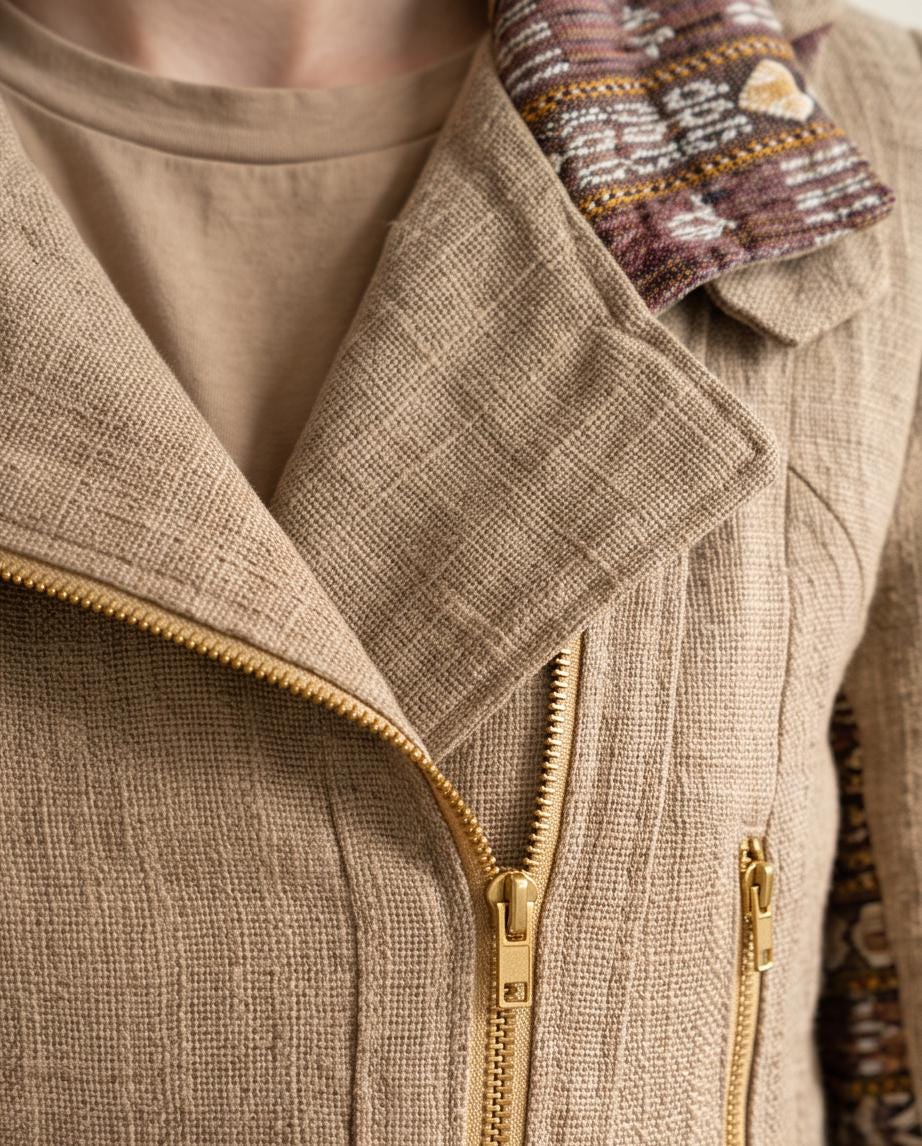 Earth Tone Handmade Biker Style Jacket with Zip Off Hood and Embroidery
