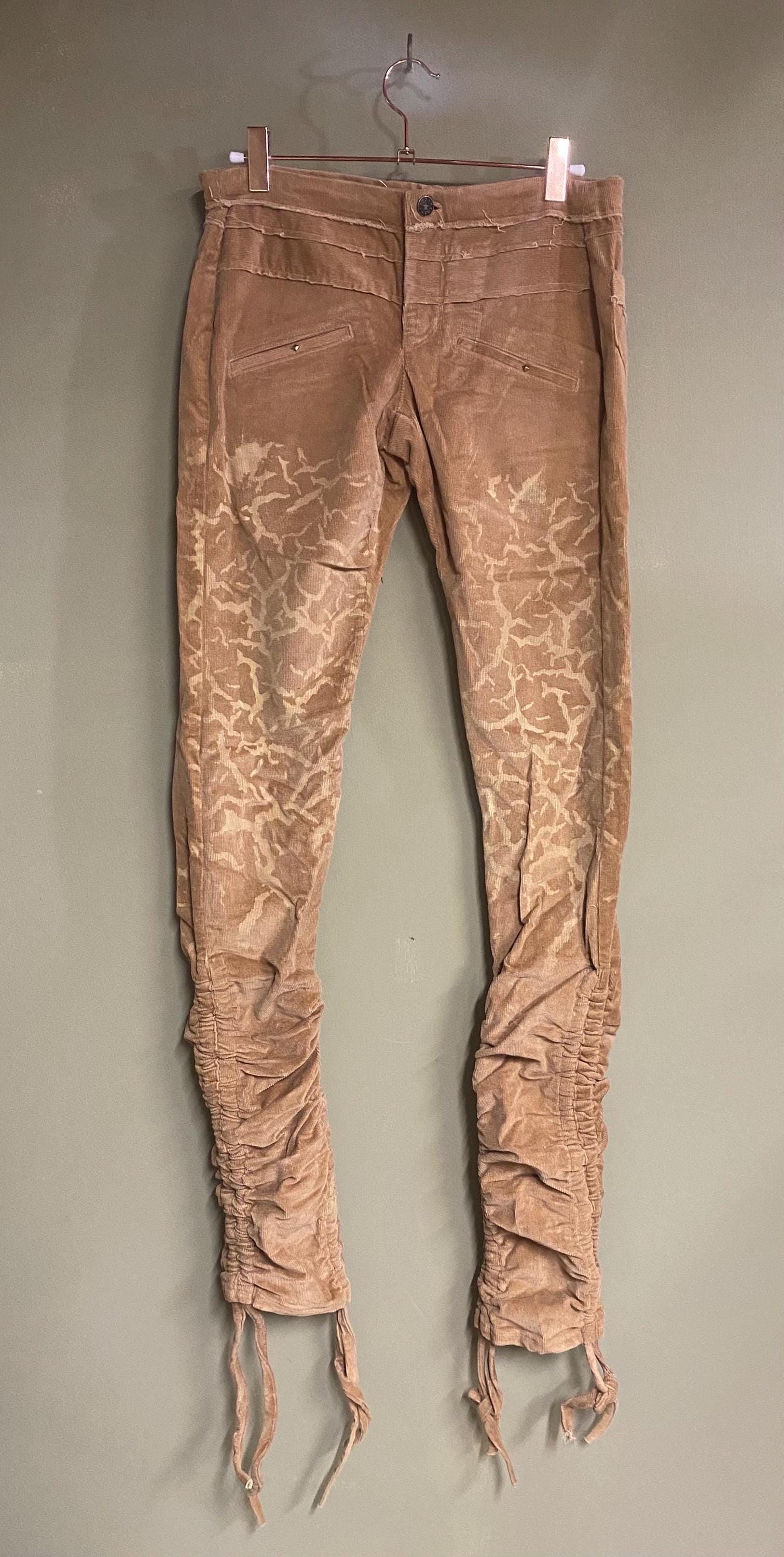 Threads of Creation Handmade Corduroy Ruched Pants | Screenprinted Organic Pattern | Guatemalan Textile Accent | Skinny Low Rise Trousers
