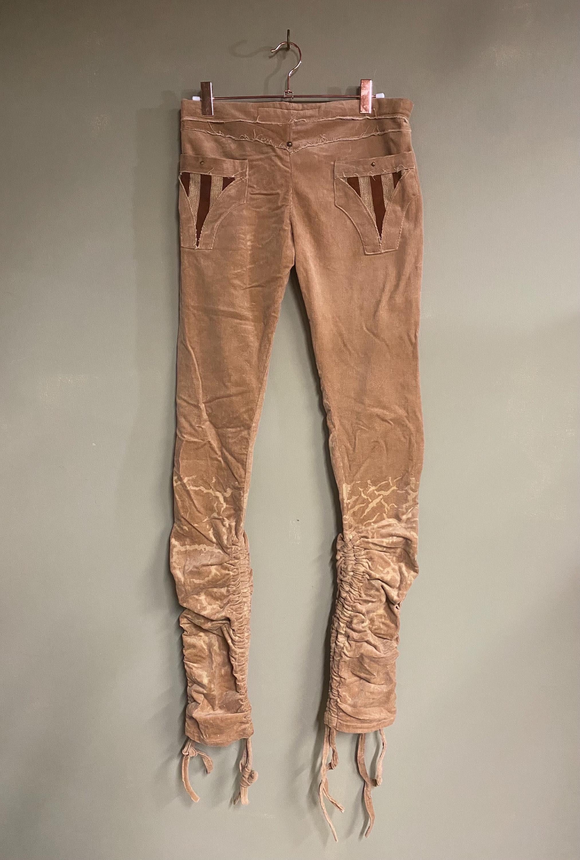 Threads of Creation Handmade Corduroy Ruched Pants | Screenprinted Organic Pattern | Guatemalan Textile Accent | Skinny Low Rise Trousers