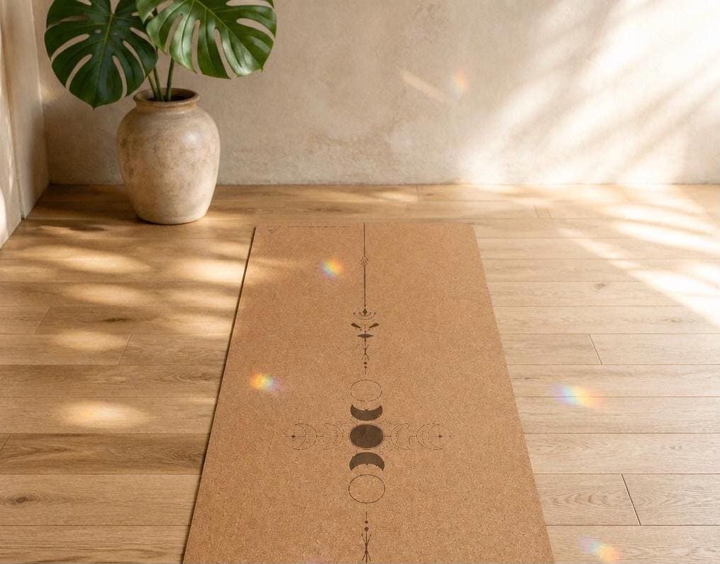 Centered Minimalist' Cork Yoga Mat – Laser Engraved Natural Rubber Mat | Ritual & Alignment | Threads of Creation (100 Base Price + Shipping
