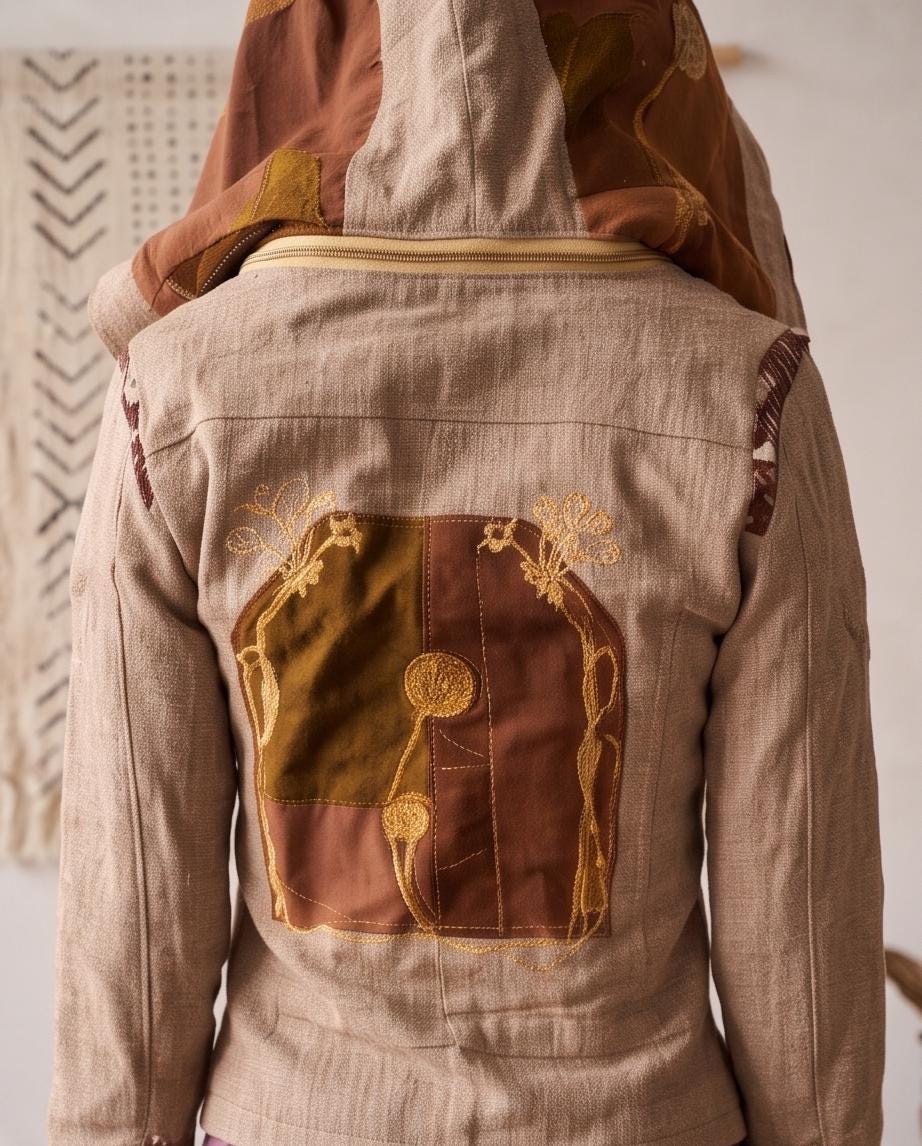 Earth Tone Handmade Biker Style Jacket with Zip Off Hood and Embroidery