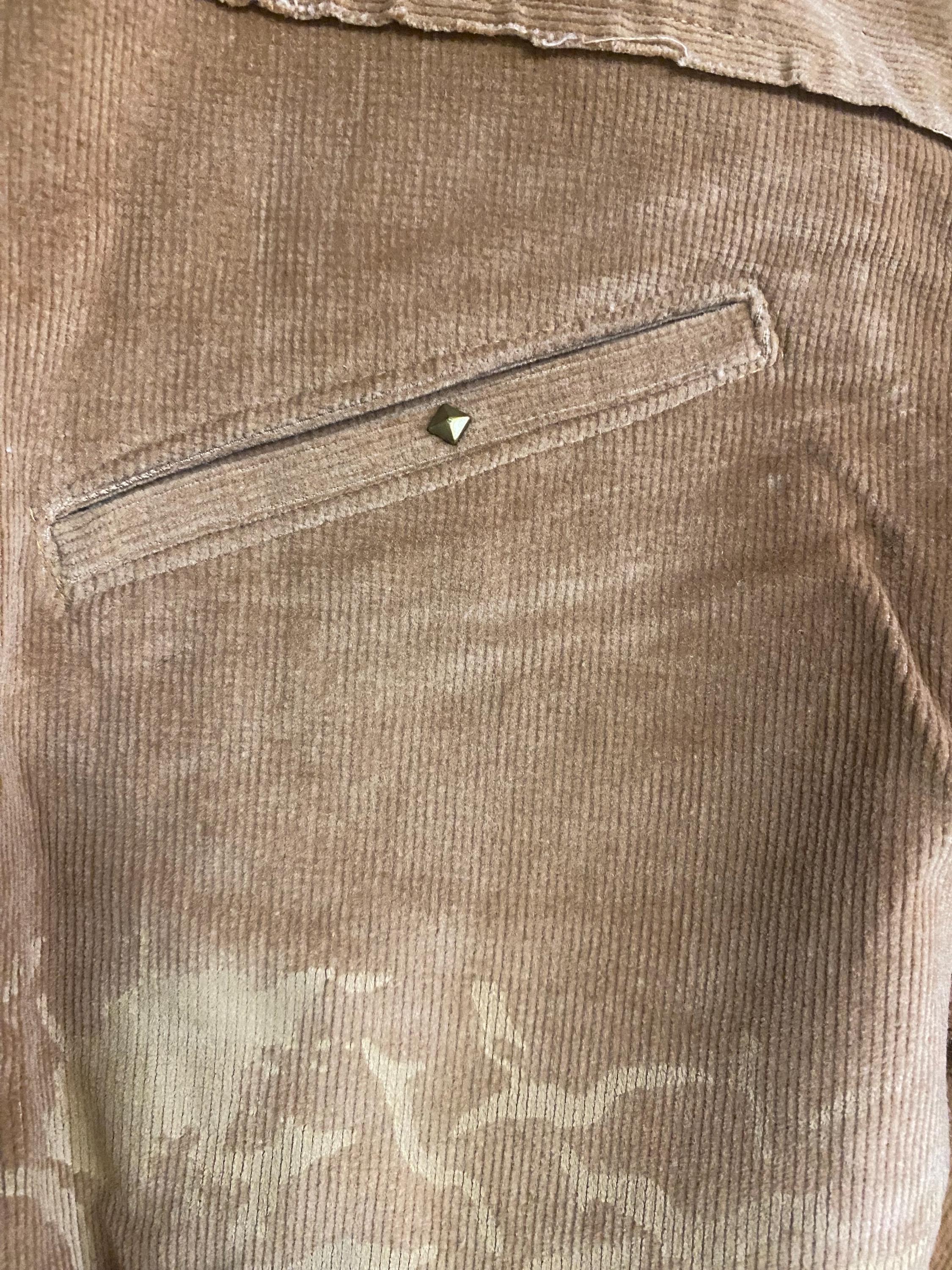 Threads of Creation Handmade Corduroy Ruched Pants | Screenprinted Organic Pattern | Guatemalan Textile Accent | Skinny Low Rise Trousers