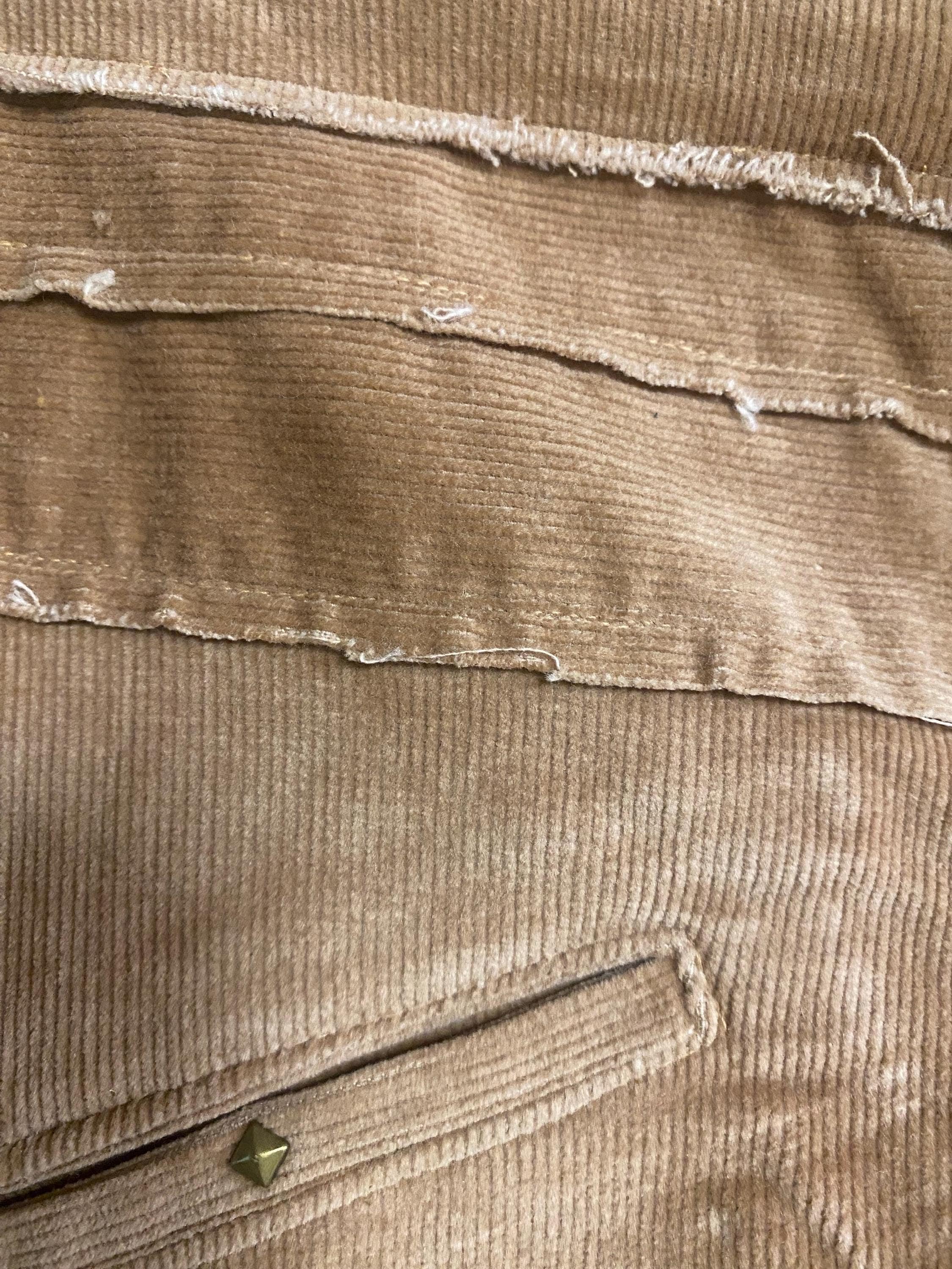 Threads of Creation Handmade Corduroy Ruched Pants | Screenprinted Organic Pattern | Guatemalan Textile Accent | Skinny Low Rise Trousers