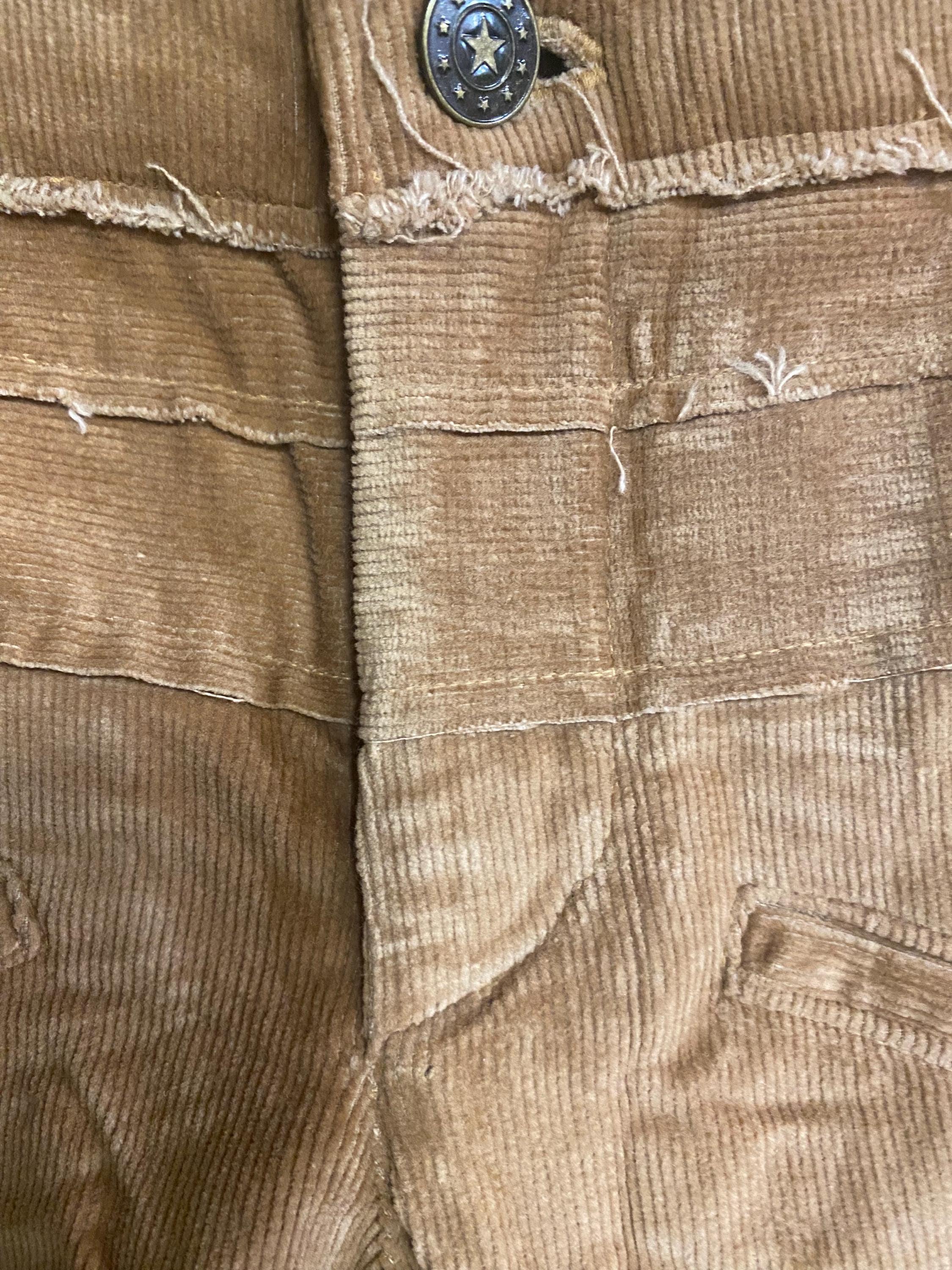 Threads of Creation Handmade Corduroy Ruched Pants | Screenprinted Organic Pattern | Guatemalan Textile Accent | Skinny Low Rise Trousers