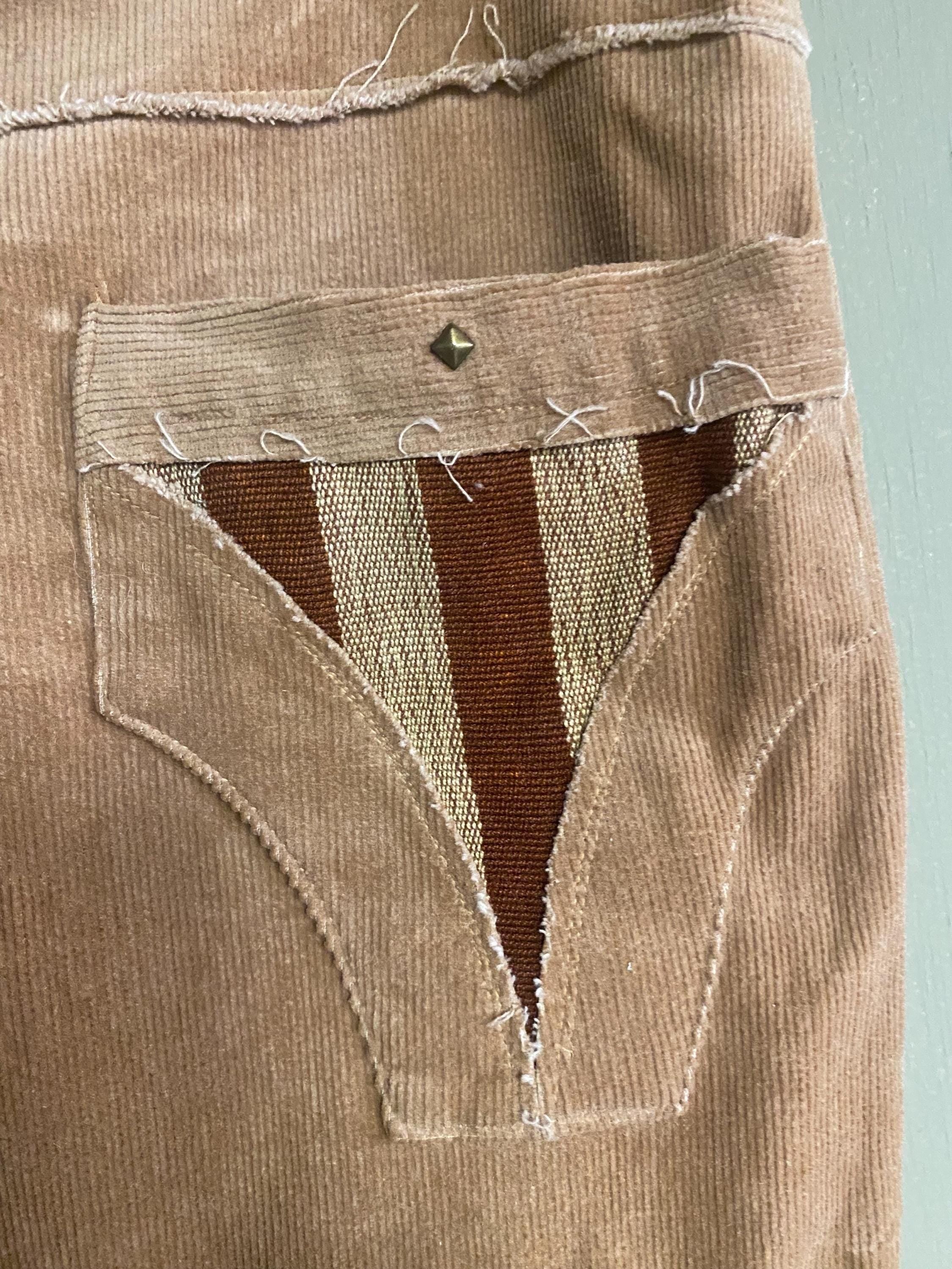 Threads of Creation Handmade Corduroy Ruched Pants | Screenprinted Organic Pattern | Guatemalan Textile Accent | Skinny Low Rise Trousers