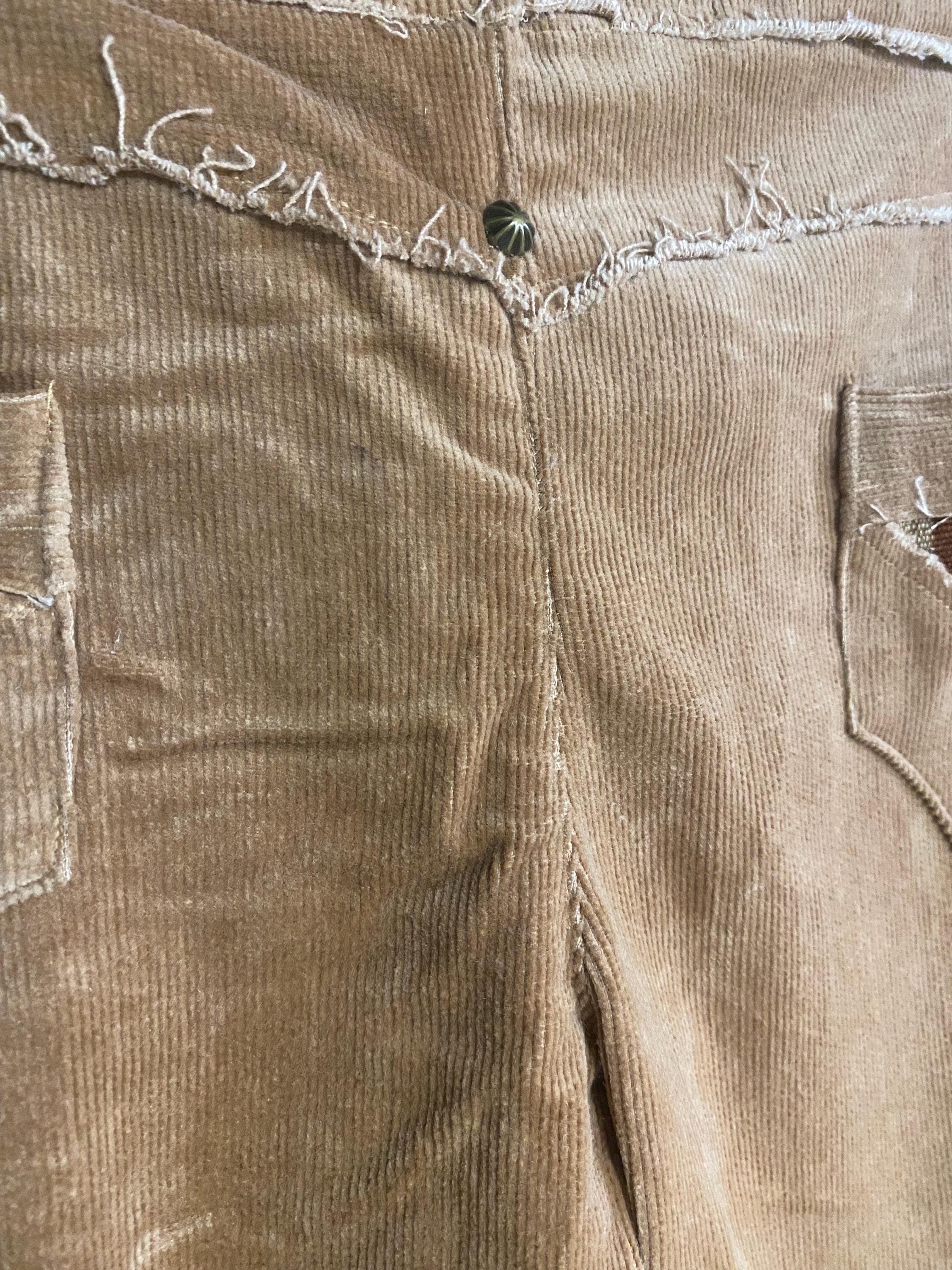 Threads of Creation Handmade Corduroy Ruched Pants | Screenprinted Organic Pattern | Guatemalan Textile Accent | Skinny Low Rise Trousers