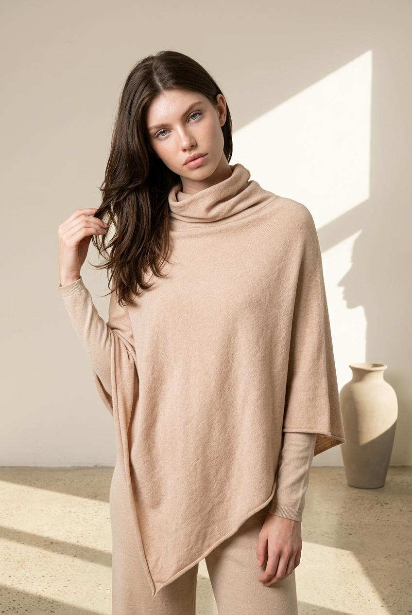 Hemp Fleece Poncho | Terracotta Boho Poncho | Turtleneck Cowl Poncho | One of a Kind Natural Dye | Handkerchief Hem