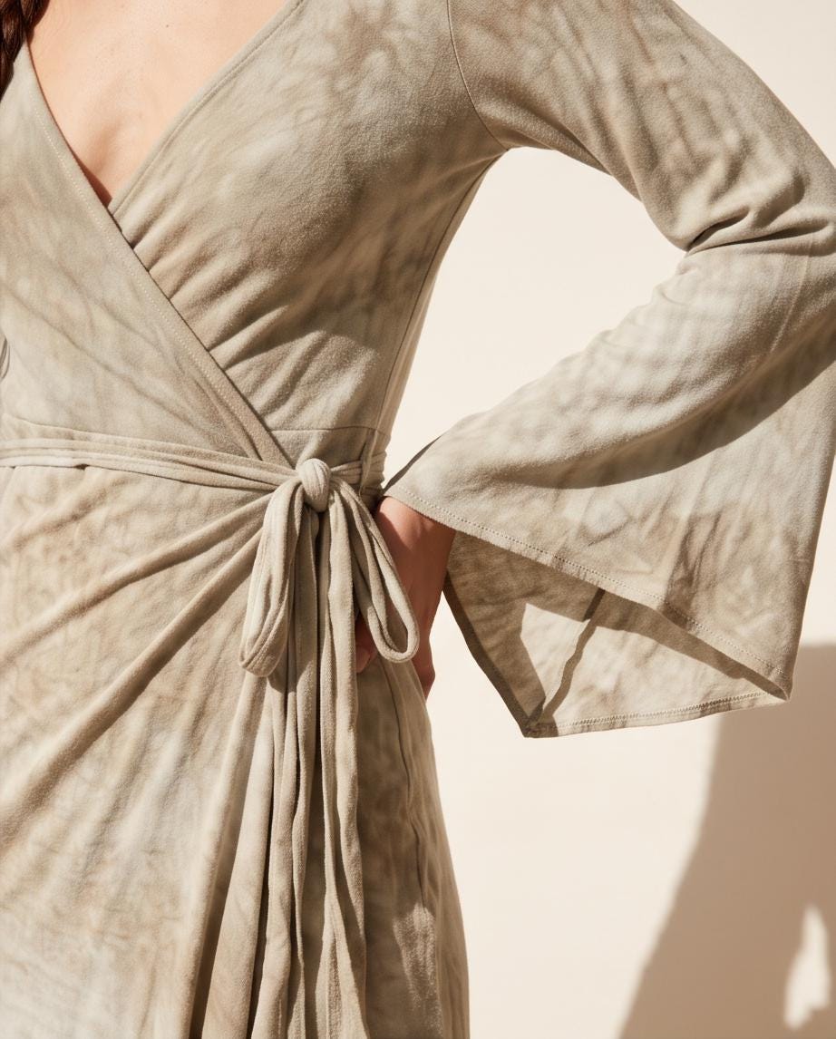 Sage Green Grey Wrap Dress | Bell Sleeve Boho Midi Dress | Natural Dye Hemp Cotton | Long Sleeve Handmade