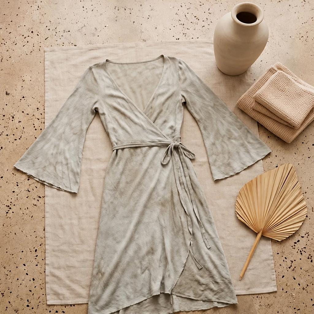 Sage Green Grey Wrap Dress | Bell Sleeve Boho Midi Dress | Natural Dye Hemp Cotton | Long Sleeve Handmade