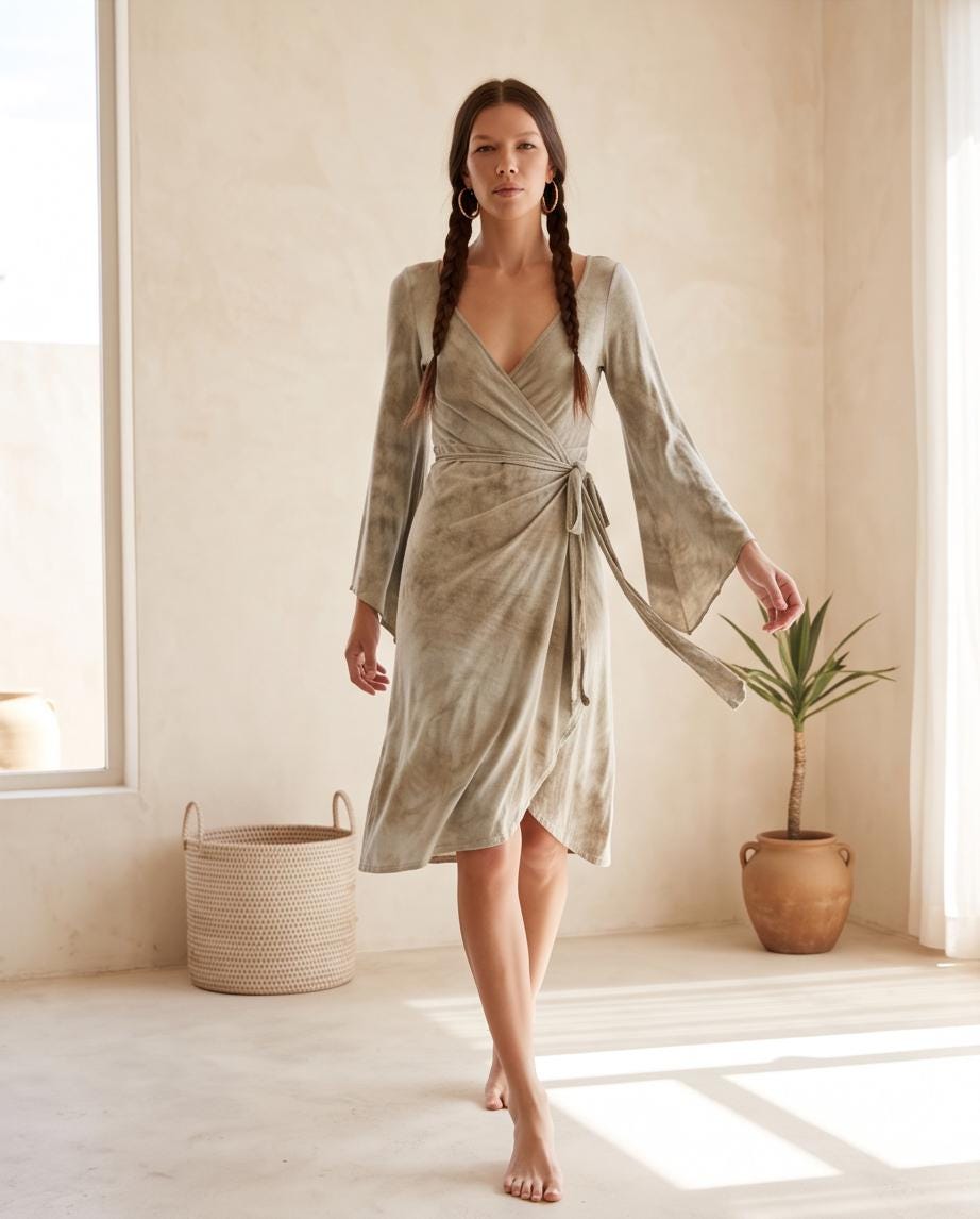 Sage Green Grey Wrap Dress | Bell Sleeve Boho Midi Dress | Natural Dye Hemp Cotton | Long Sleeve Handmade