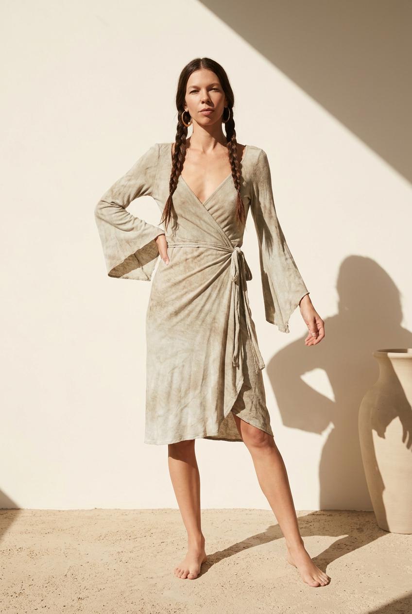 Sage Green Grey Wrap Dress | Bell Sleeve Boho Midi Dress | Natural Dye Hemp Cotton | Long Sleeve Handmade