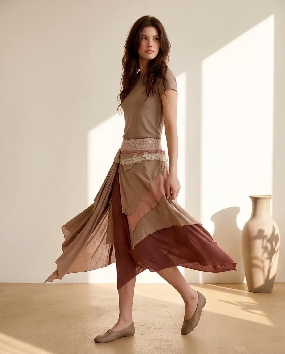 Rose and Fall Colors Patchwork Skirt | Boho Handkerchief Hem Midi Skirt | Recycled Fabric Layered Skirt | One of a Kind Festival Skirt
