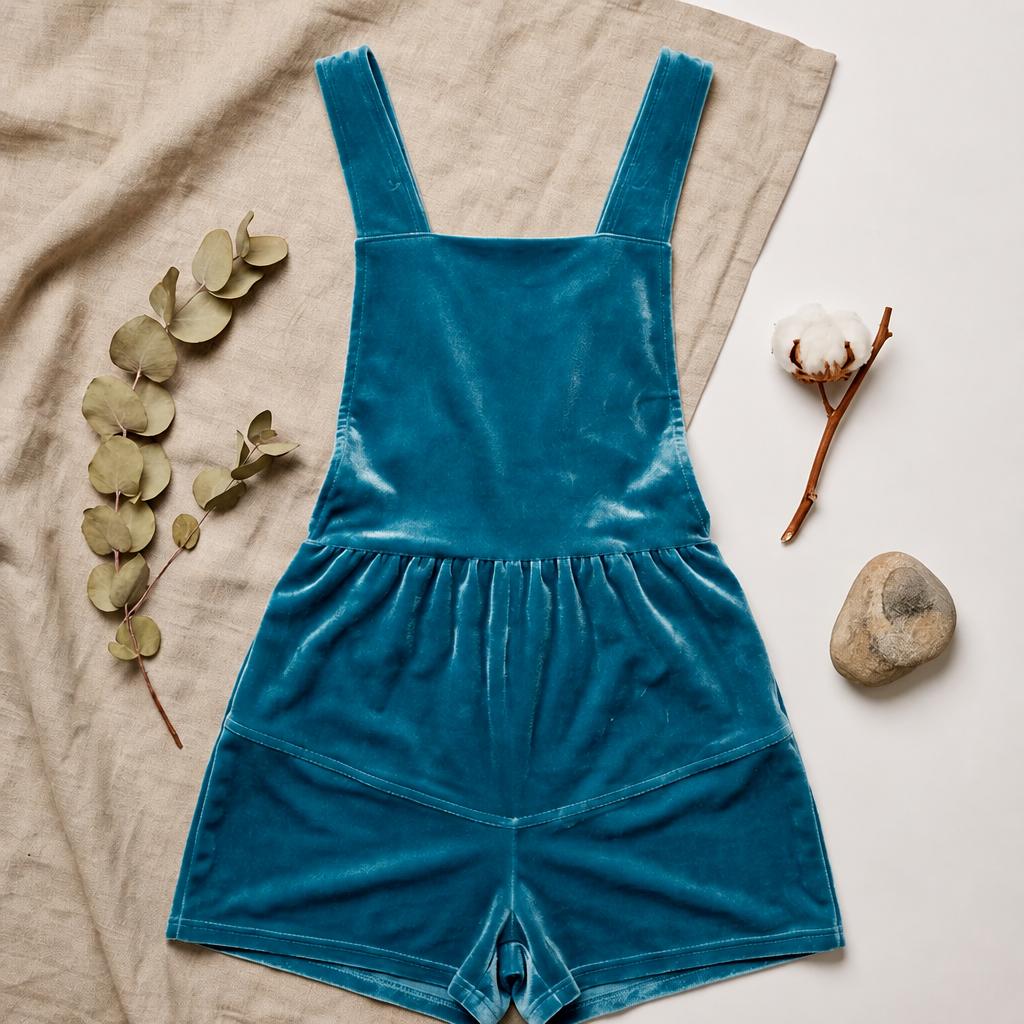 Teal Velvet Overalls Romper | Recycled Upcycled Velvet Shortalls | Handmade One of a Kind Playsuit | Square Neck Boho Summer Fashion